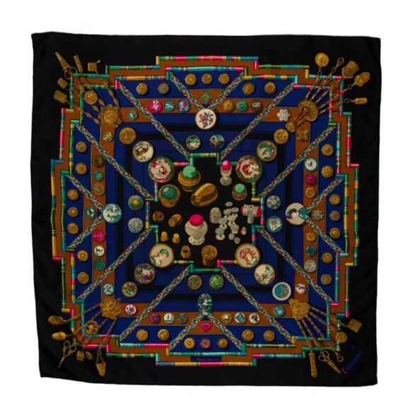 Vintage Hermes "Le Petite Main" Black Silk Scarf